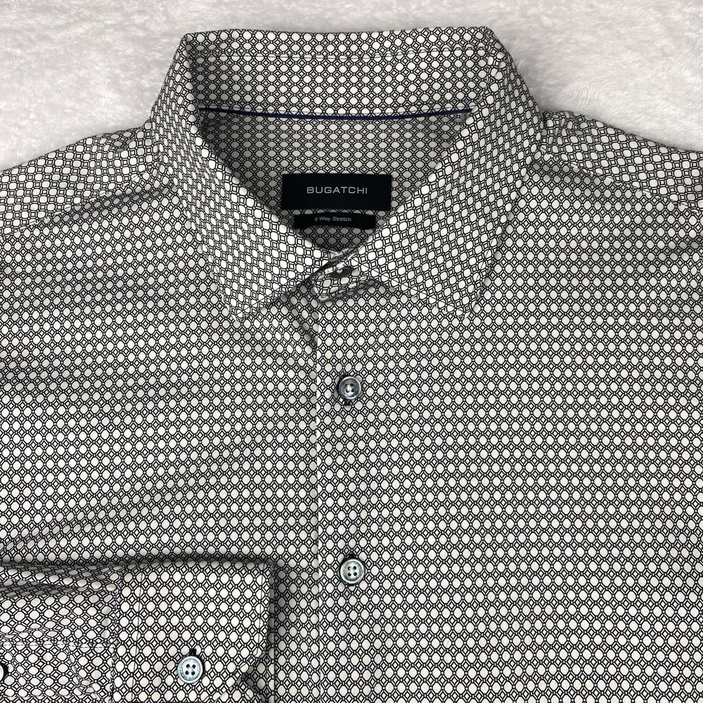 BUGATCHI Dress Shirt Mens XL Black/White Geometric Print 8-Way Stretch - Picture 2 of 9